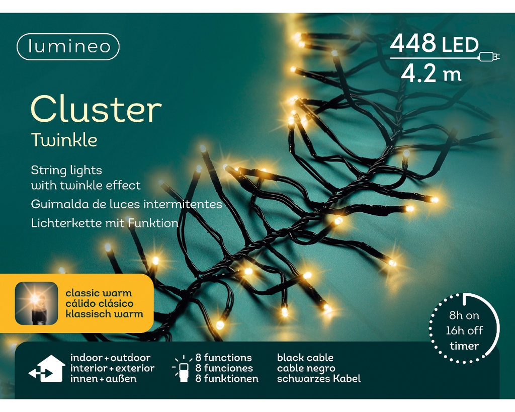 Lumineo | Verlichting Cluster Twinkle Outdoor 448 Leds Klassiek Warm Snoer Zwart 4,2m + 5m Aanloopsnoer 8 Functies