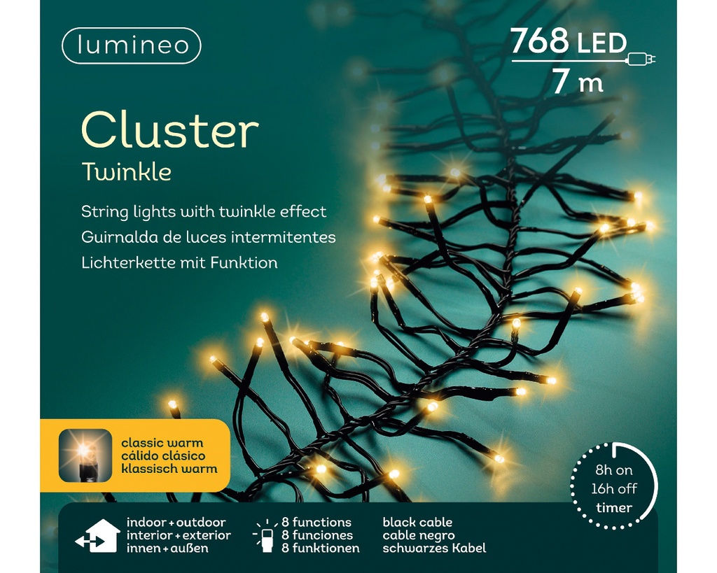 Lumineo | Verlichting Cluster Twinkle Outdoor 768 Leds Klassiek Warm Snoer Zwart 7m + 5m Aanloopsnoer 8 Functies