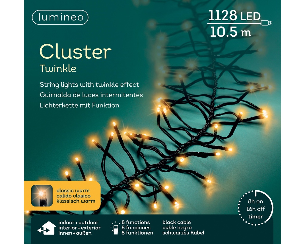 Lumineo | Verlichting Cluster Twinkle Outdoor 1128 Leds Klassiek Warm Snoer Zwart 10,5 m + 5m Aanloopsnoer 8 Functies