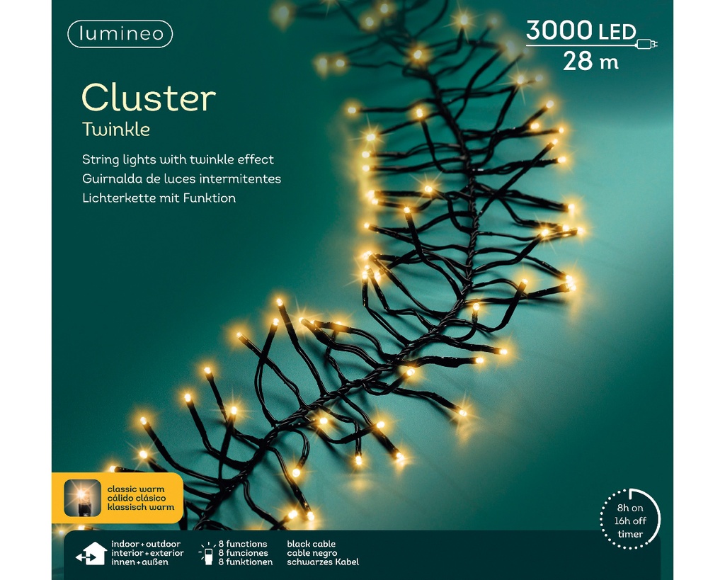 Lumineo | Verlichting Cluster Twinkle Outdoor 3000 Leds Klassiek Warm Snoer Zwart 28m + 5m Aanloopsnoer 8 Functies