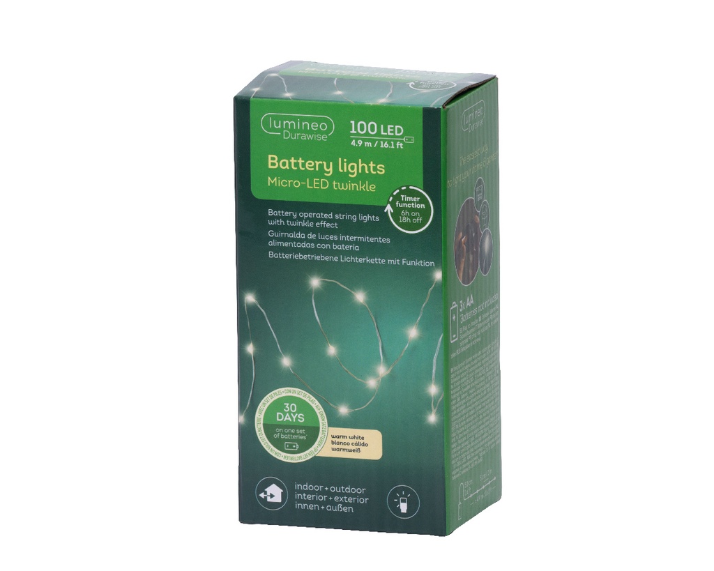 Lumineo | Verlichting Batterij Micro 100 Leds Warm Wit Snoer Zilver 4,9m