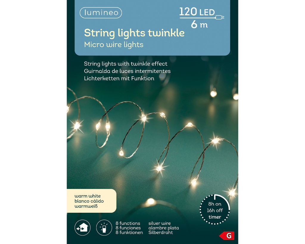 Lumineo | Verlichting Micro-LED Twinkle In/Outdoor 120 Leds Warm Wit Snoer Zilver 6m + 5m Aanloopsnoer 8 Functies Adapter