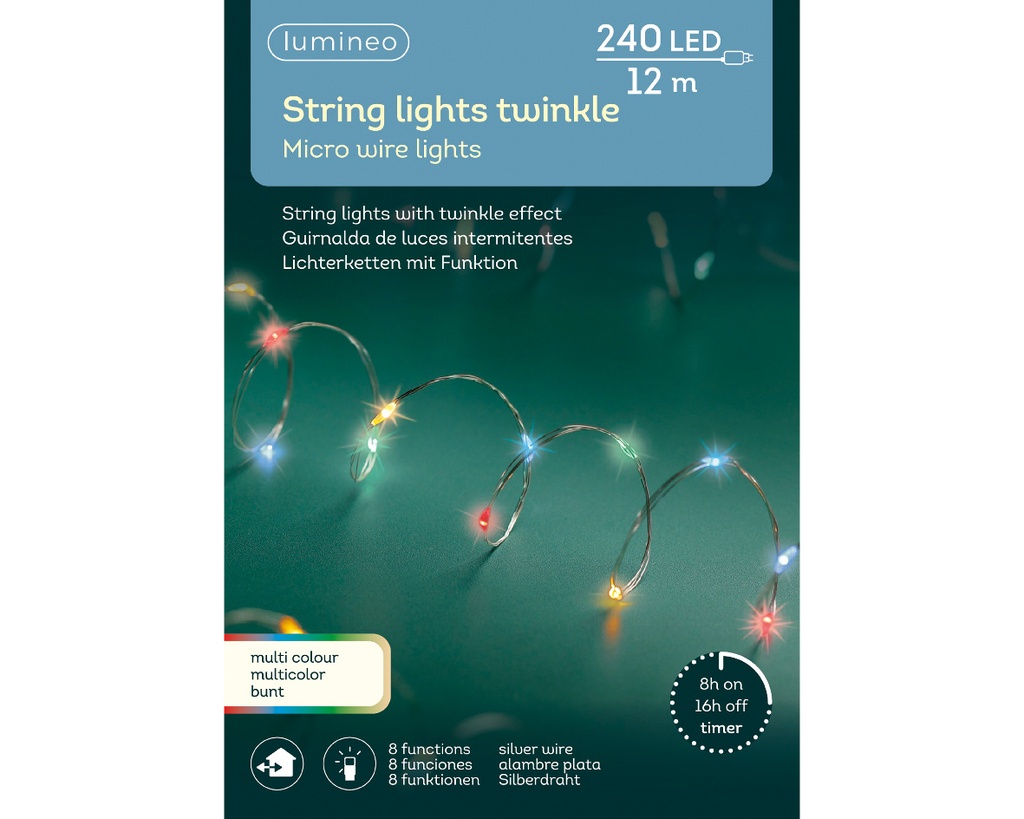 Lumineo | Verlichting Micro-LED Twinkle In/Outdoor 240 Leds Multicolor Snoer Zilver 12m + 5m Aanloopsnoer 8 Functies