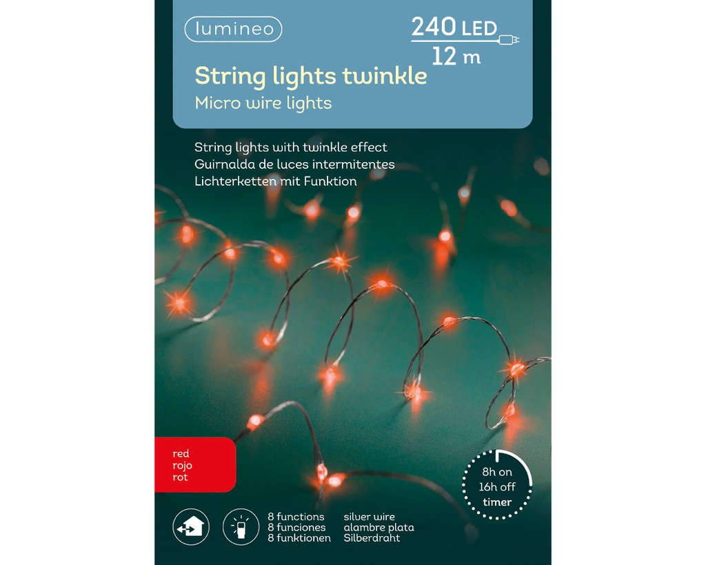 Lumineo | Verlichting Micro-LED Outdoor 240 Leds Rood Snoer Zilver 12m + 5m Aanloopsnoer IP44 Adapter