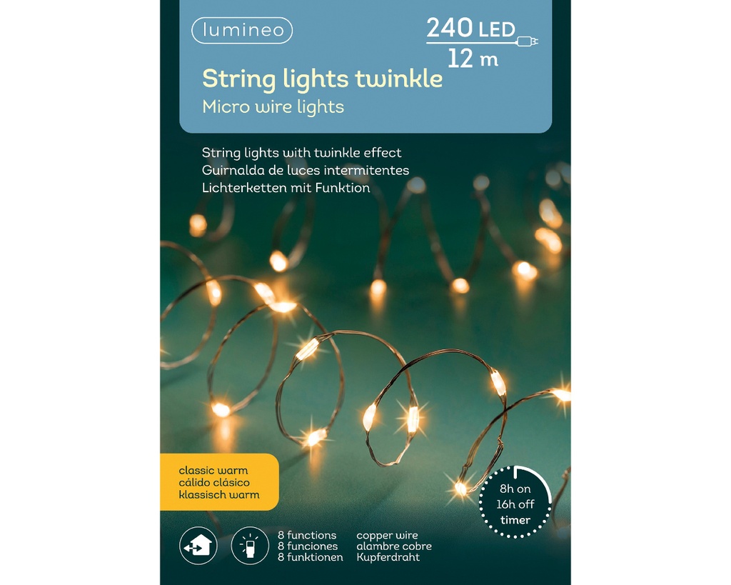 Lumineo | Verlichting Micro Lichtsnoer Twinkle In/Outdoor 240 Leds Warm Wit Snoer Koper 12m + 5m Aanloopsnoer 8 Functies Adapter