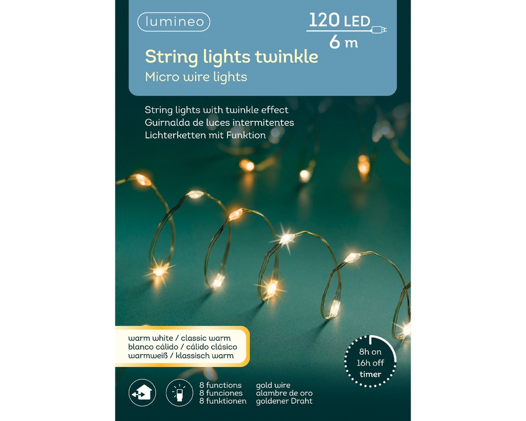 Lumineo | Verlichting Micro Lichtsnoer Twinkle In/Outdoor 120 Leds Klasiek Warm Wit Snoer Goud 6m + 5m Aanloopsnoer 8 Functies Adapter