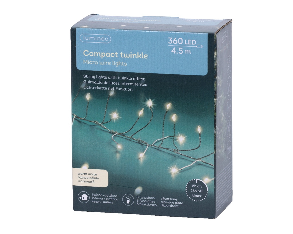Lumineo | Verlichting Compact Micro Lichtsnoer In/Outdoor 360 Leds Warm Wit Snoer Zilver 4,5m + 5m Aanloopsnoer 8 Functies