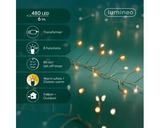 Lumineo | Verlichting Compact Micro Lichtsnoer In/Outdoor 480 Leds Warm Wit Snoer Goud 6m + 5m Aanloopsnoer 8 Functies