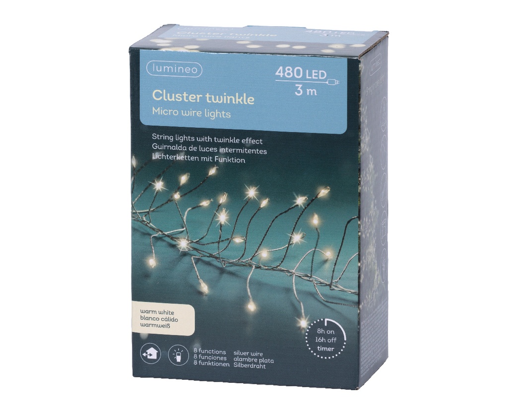Lumineo | Verlichting Cluster Micro Lichtsnoer In/Outdoor  480 Leds Warm Wit Snoer Zilver 3m + 5m Aanloopsnoer 8 Functies