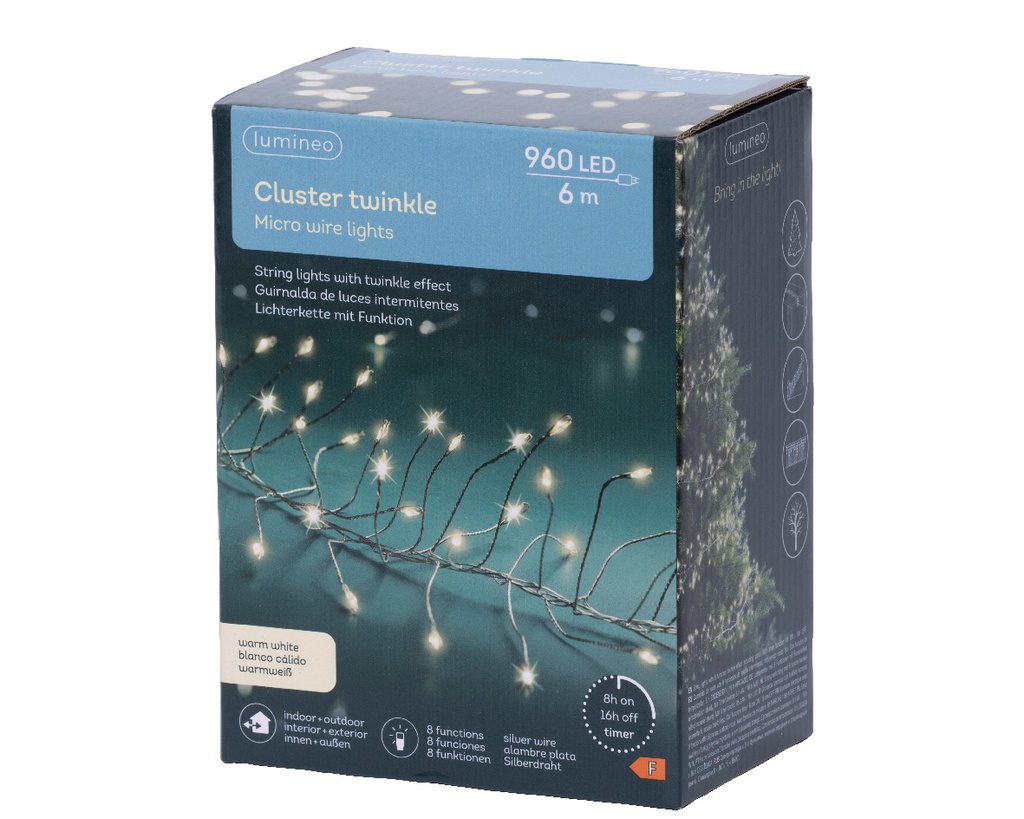 Lumineo | Verlichting Cluster Micro Lichtsnoer In/Outdoor  960 Leds Warm Wit Snoer Zilver 6m + 5m Aanloopsnoer 8 Functies