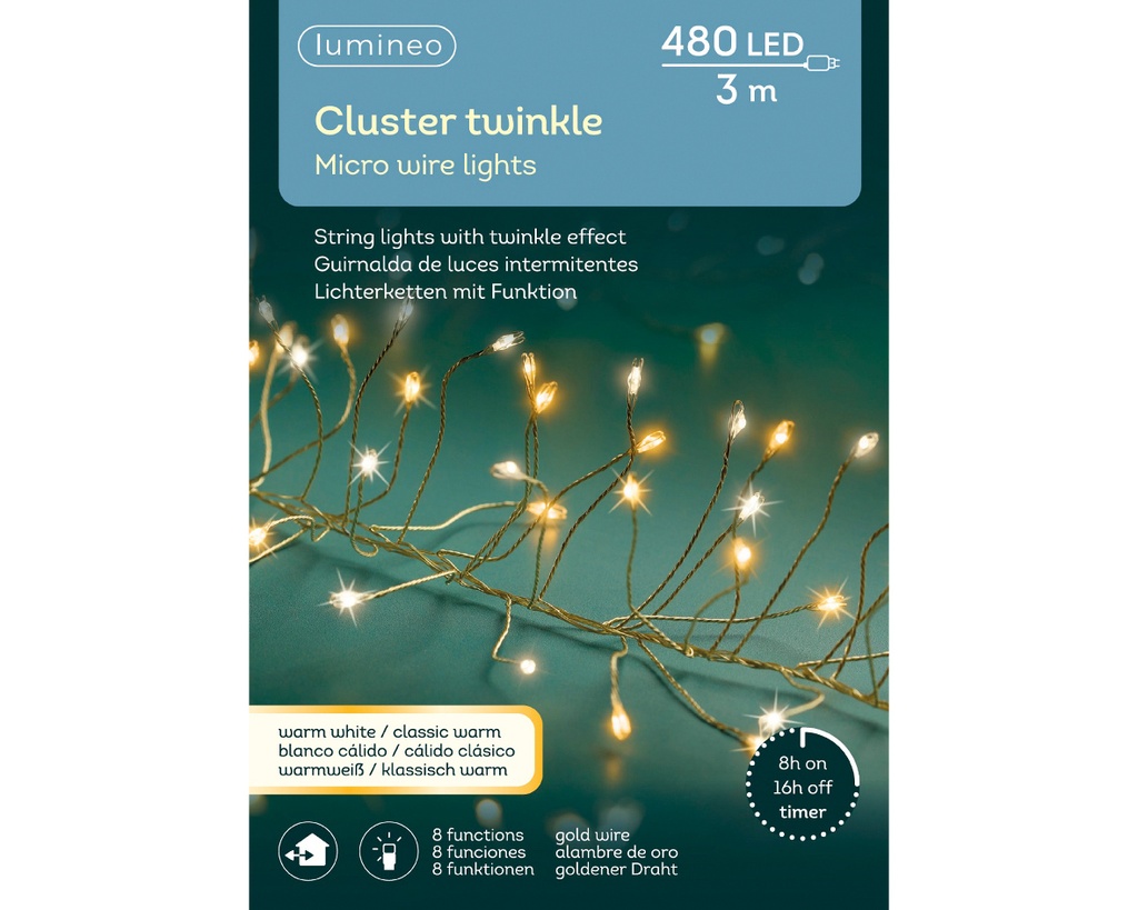 Lumineo | Verlichting Cluster Micro Twinkle In/Outdoor 480 Leds Klassiek Warm Wit Snoer Goud 3m + 5m Aanloopsnoer 8 Functies