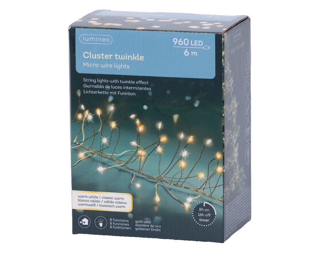 VERLICHTING, Cluster Twinkle, outdoor, 960 microleds: klassiek warm/warm wit, snoer: goud, 6 m + 5 m, 8 functies