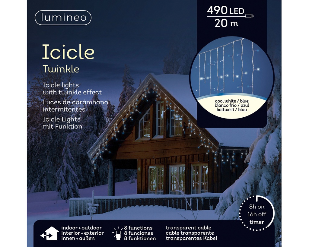 Lumineo | Verlichting Icicle Twinkle In/Outdoor 490 Leds Cool Wit/Blauw Snoer Transparant 20m + 5m Aanloopsnoer 8 Functies