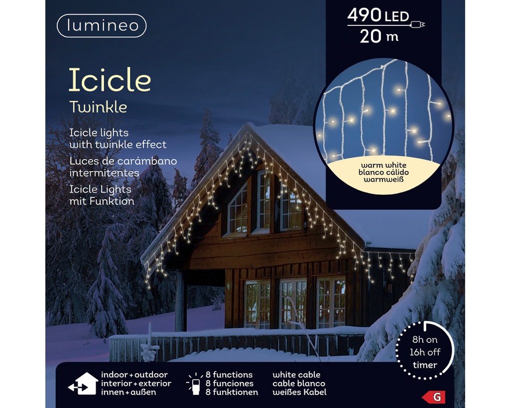 Lumineo | Verlichting Icicle Twinkle In/Outdoor 490 Leds Warm Wit Snoer Wit 20m + 5m Aanloopsnoer 8 Functies Adapter