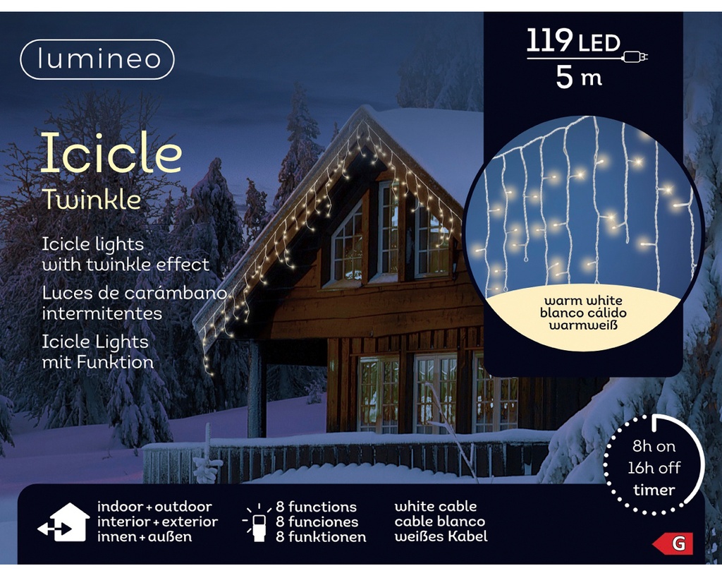 Lumineo | Verlichting Icicle Twinkle In/Outdoor 490 Leds Warm Wit Snoer Wit 20m + 5m Aanloopsnoer 8 Functies Adapter