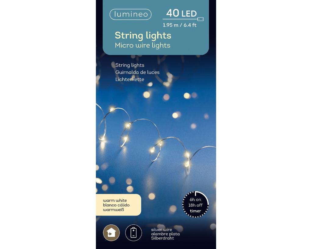 Lumineo | Verlichting Micro Lichtslinger Indoor 40 Leds Warm Wit Snoer Zilver 1,95m Batterij (niet inbegrepen)