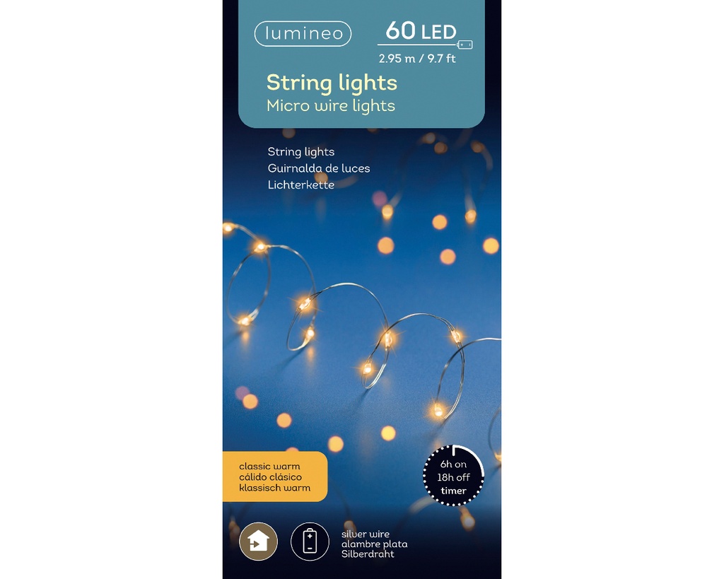 Lumineo | Verlichting Micro Lichtslinger Indoor 60 Leds Klasiek Warm Snoer Zilver 2,95m Batterij (niet inbegrepen)