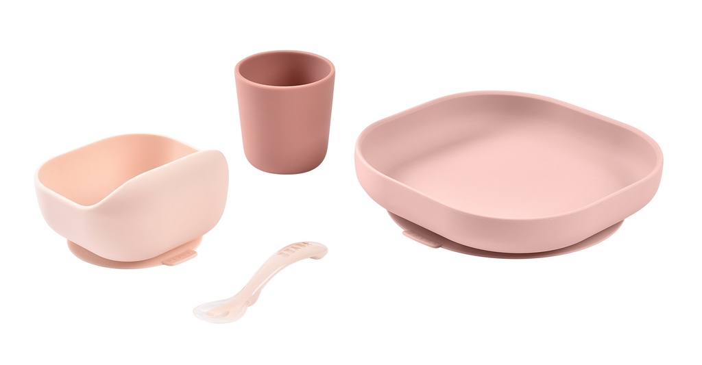 EETSET, pink, uni, 4 delig: plat bord met zuignap, kom met zuignap, beker, lepel, volledig silicone, 2020