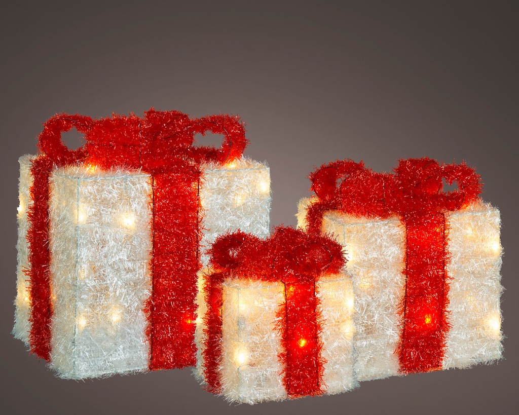 Lumineo | Verlichting Cadeaudozen met Rode Strik Lametta 15cm (14L) - 20cm (20L) - 25cm (30L) Led Warm Wit Indoor Snoer 1,5m IP20 3-pack