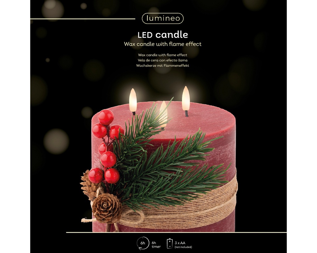 Lumineo | Verlichting Kaars Led Bewegende Vlammen Dennentak/Hulst/Dennenappel Rood Batterij (niet inbegrepen)
