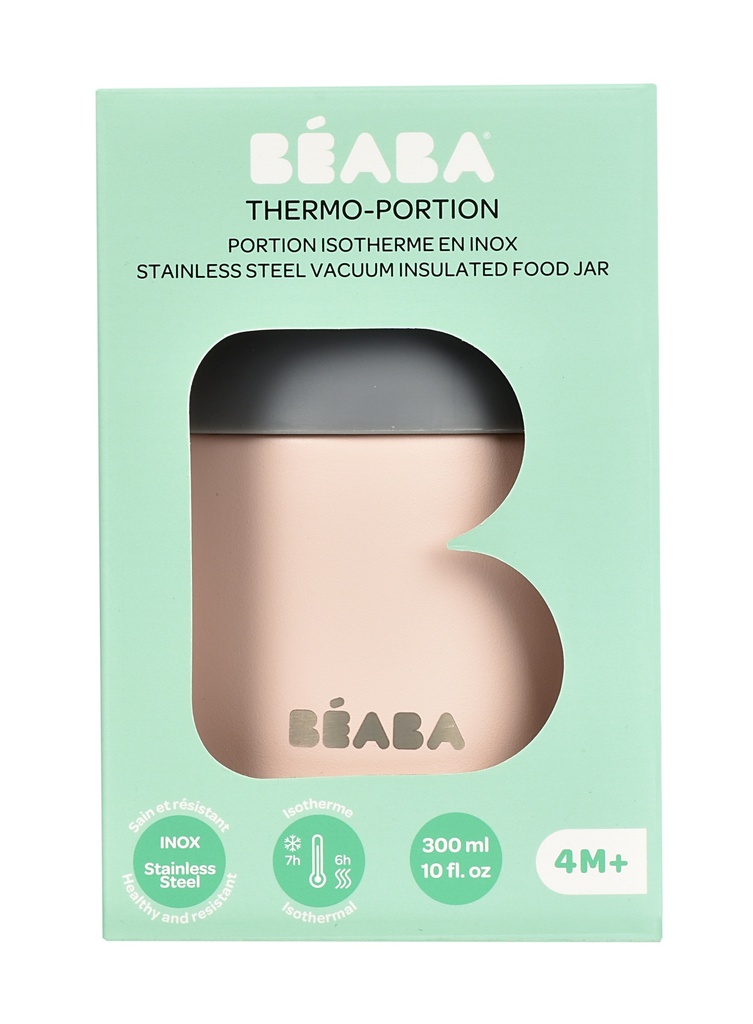 THERMOSFLES, 300ml, dark mist;light pink, Thermo Portion, uni/print tekst Béaba, 5u warm/7u koud