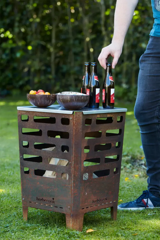 Barbecook | Terrasverwarmer Vuurkorf Jill 2mm Cortenstaal  Met Onderzetter/Afdekblad In Rvs 38x38x55cm