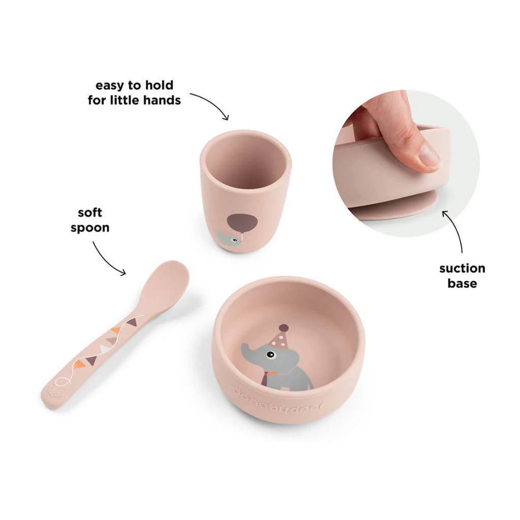 Done by Deer | Eetset Celebration Powder Siliconen Stick&Stay First Meal Roze 3-delig