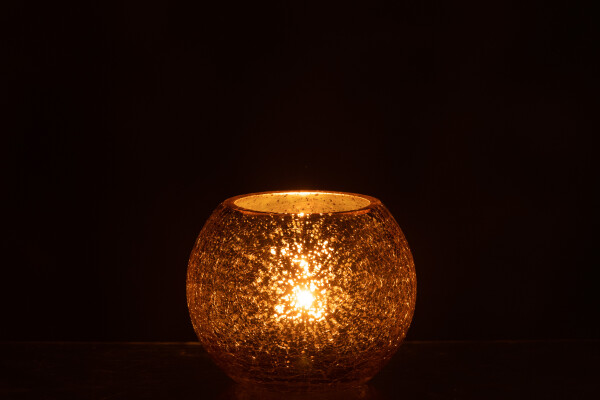 J-Line | Theelichthouder Bol Craquele Glas Parel Effect Goud Ø12x9,5cm 