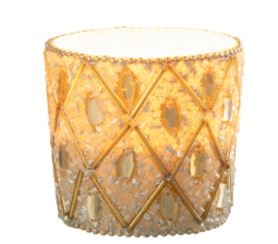 J-Line | Theelichthouder Glas/Kralen Wit/Goudkleurig Ø6x6cm