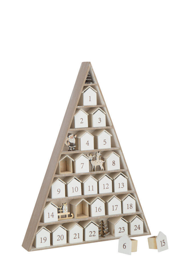 J-Line| Adventkalender Boom/Huis Multiplex Wit/Naturel 32x5,5x45cm