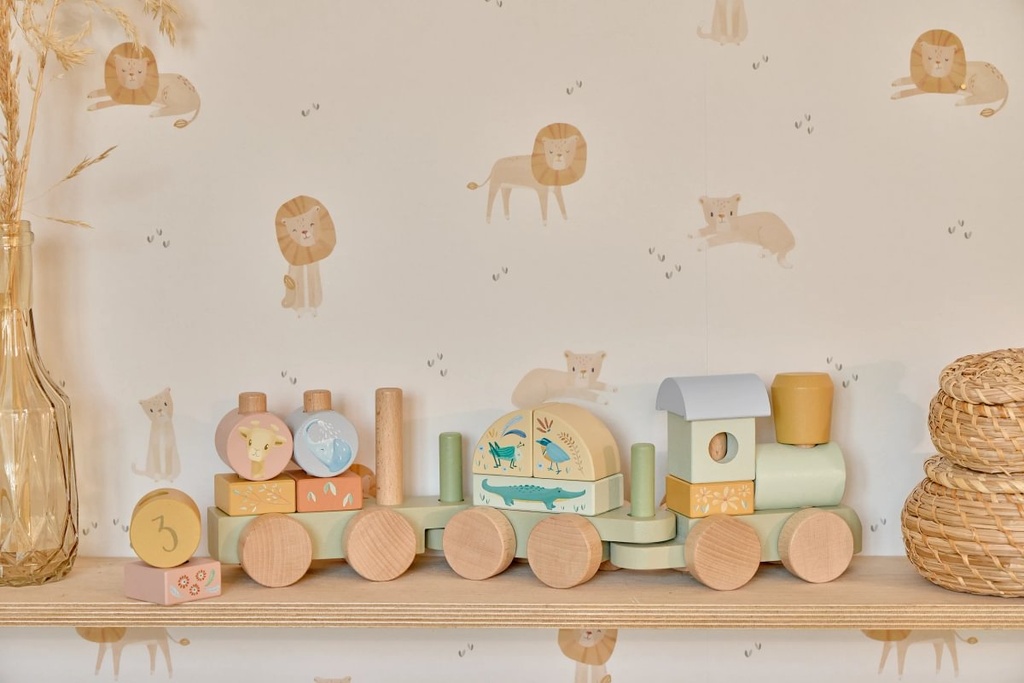 Little Dutch | Blokken Safari Friends Blokkentrein Hout Groen +12m