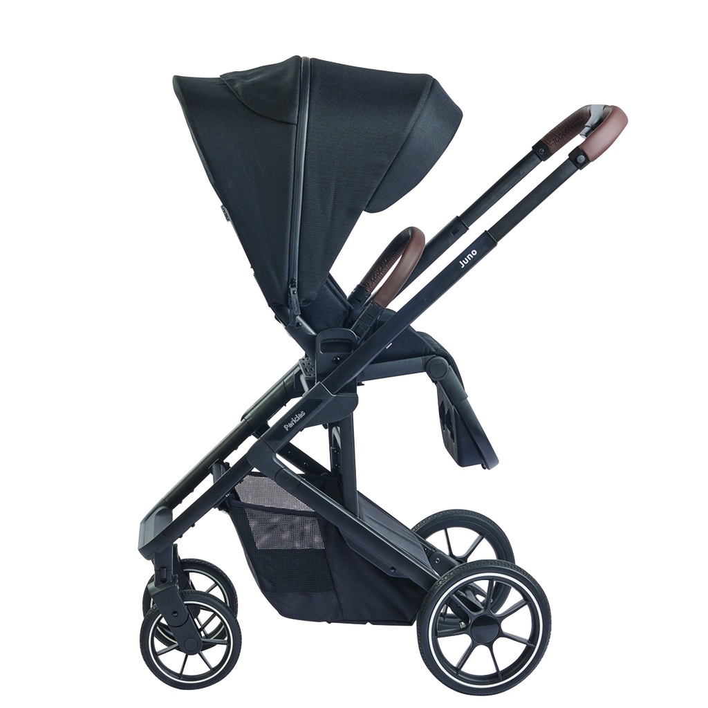 WANDELWAGEN, Juno, black, zwart, frame zwart/aluminium, incl regenscherm duwbeugel imitatieleder, 2023