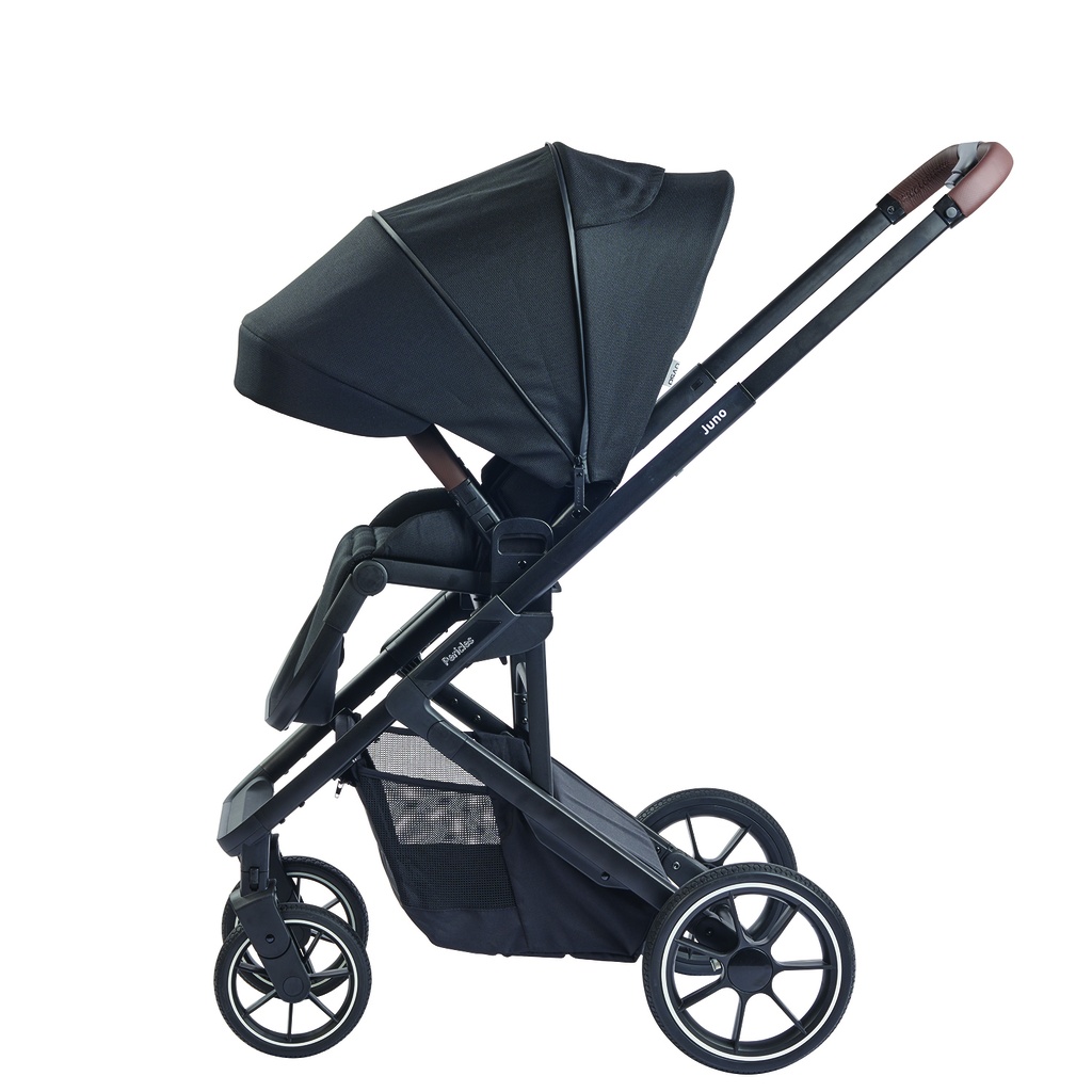 WANDELWAGEN, Juno, black, zwart, frame zwart/aluminium, incl regenscherm duwbeugel imitatieleder, 2023