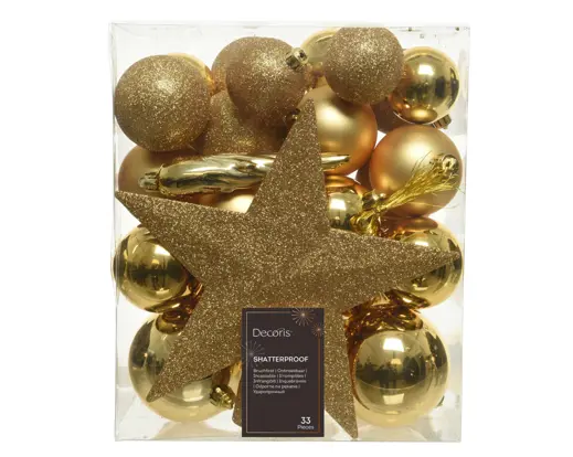 Kaemingk | Hangfiguur Decoratiepakket Licht Goud Piek/Kerstballen/Pegels 33-delig