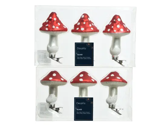 Kaemingk | Kerstbal Glas Paddenstoel op Clip Assortiment Rood/Wit 3-pack