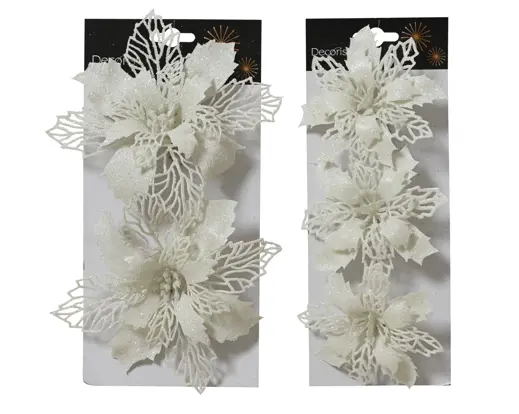Kaemingk | Kerstfiguur op Clip Poinsettia Assortiment Wit Groot/per2 Klein/per3