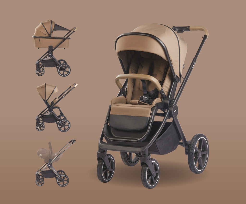 WANDELWAGEN, Crios 4.0, taupe, bruin/ecru, frame zwart/alu, incl regenscherm, duwbeugel imitatieleder taupe, 2023