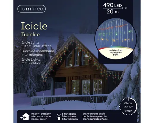 Lumineo | Verlichting Led Icicle Twinkle In/Outdoor 490 Leds Transparant/Multicolor Snoer Transparant 2000x50cm