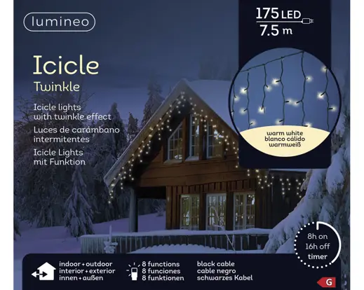 Lumineo | Verlichting Led Icicle Twinkle In/Outdoor Zwart/Warm Wit 750x50cm