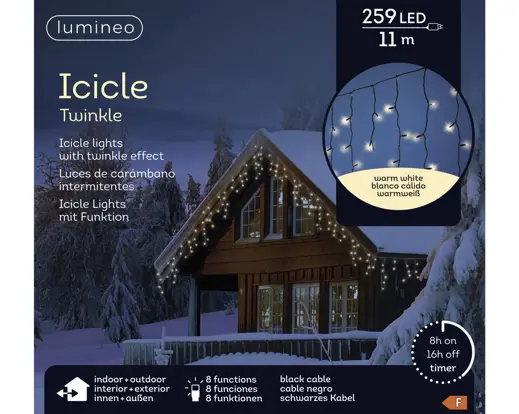 Lumineo | Verlichting Led Icicle Twinkle In/Outdoor Zwart/Warm Wit 1100x50cm