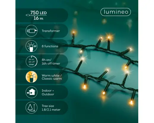 Lumineo | Verlichting Led Compact Lights Twinkel Effect 8 Functies Groen/Warm Wit 1600cm Buiten