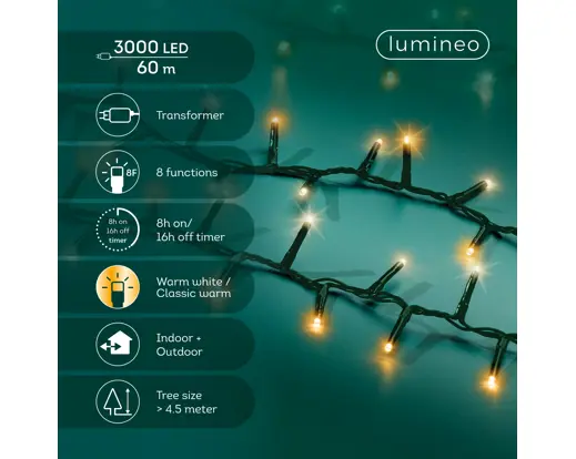 Lumineo | Verlichting Led Compact Lights Twinkel Effect 8 Functies Groen/Klassiek Warm 6000cm Buiten