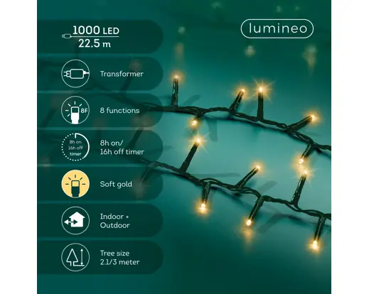 Lumineo | Verlichting Led Compact Lights Twinkel Effect 8 Functies Groen/Soft Gold 2250cm Buiten