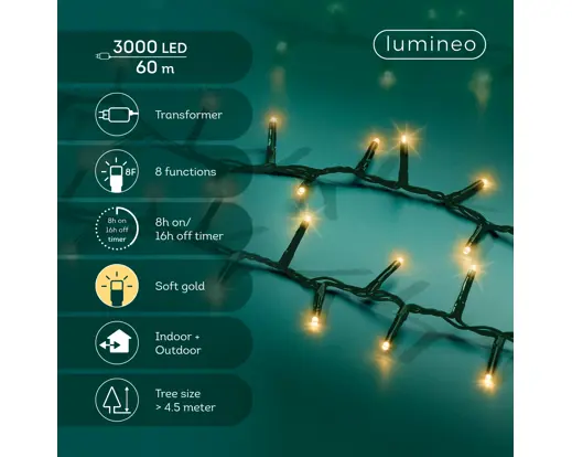 Lumineo | Verlichting Led Compact Lights Twinkel Effect 8 Functies Groen/Soft Gold 6000cm Buiten