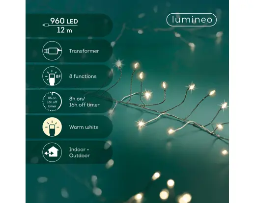 Lumineo | Verlichting Led Compact Twinkle In/Outdoor 3000 Leds Zilver/Warm Warm 1200cm
