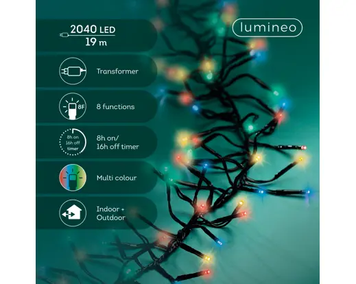 Lumineo | Verlichting Led Cluster Twinkel Effect 8 Functies Zwart/Multicolor 1900cm Buiten