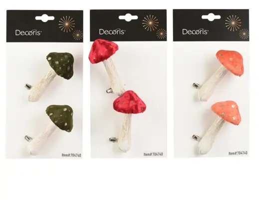 Decoris | Paddenstoel Polyester Fluweel op Clip Ø5x11cm Assortiment 2-pack