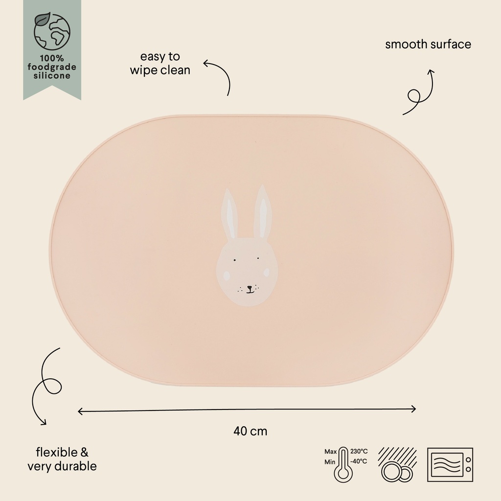 PLACEMAT, Rabbit Mealtime, roze, kop konijn, ovaal, water afwerend, 1 stuk, siliconen