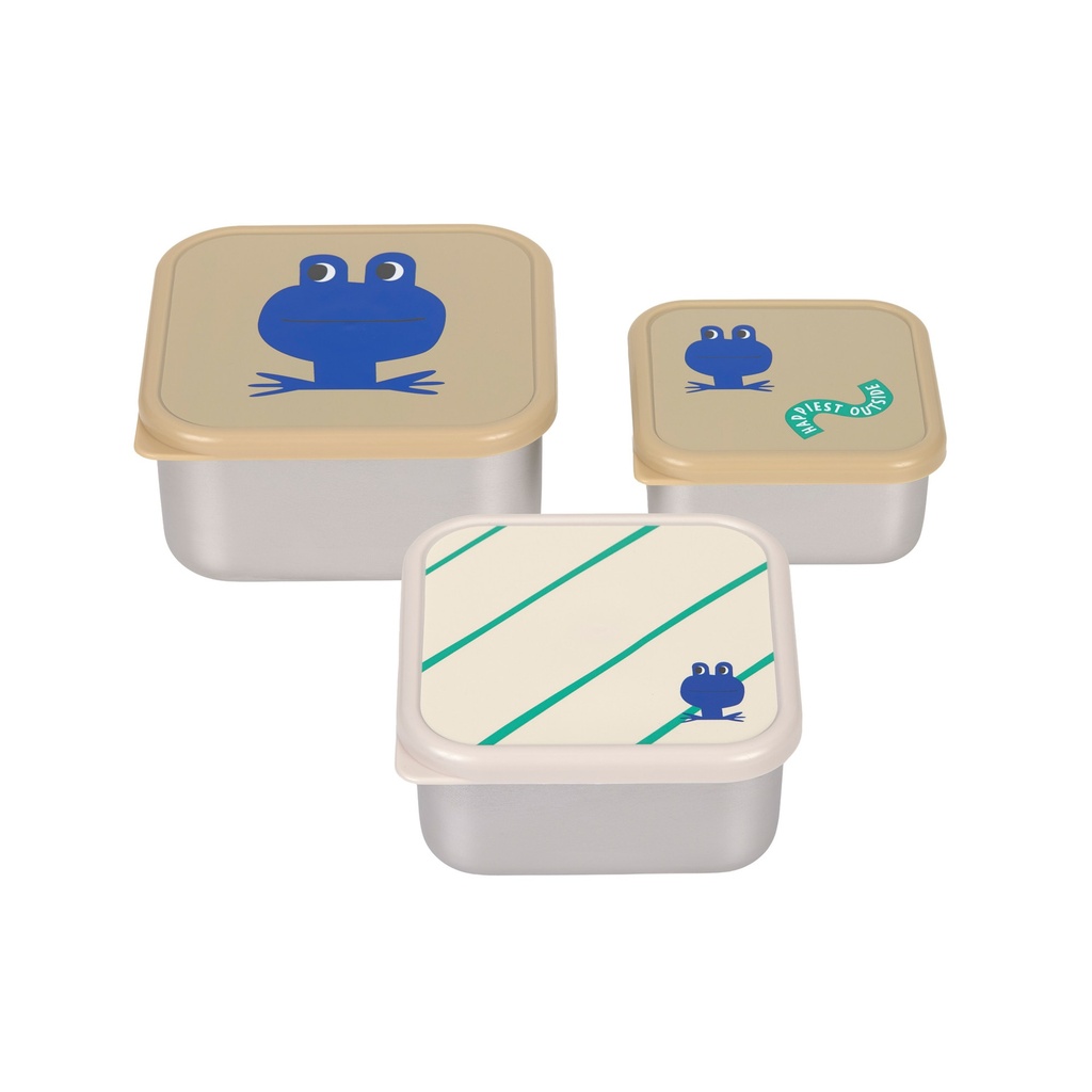 Laessig | Bewaarpotje Happy Trails Frog Snackbox Stainless Steel 3-pack