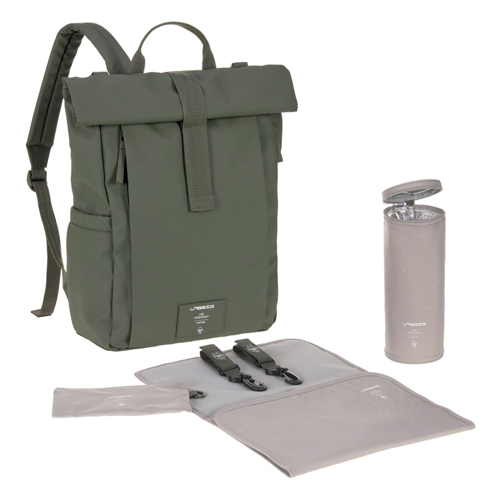 VERZORGINGSTAS, Rolltop Up Backpack, olive, Green Label, polyester, +luiermat, +isoth flessenh